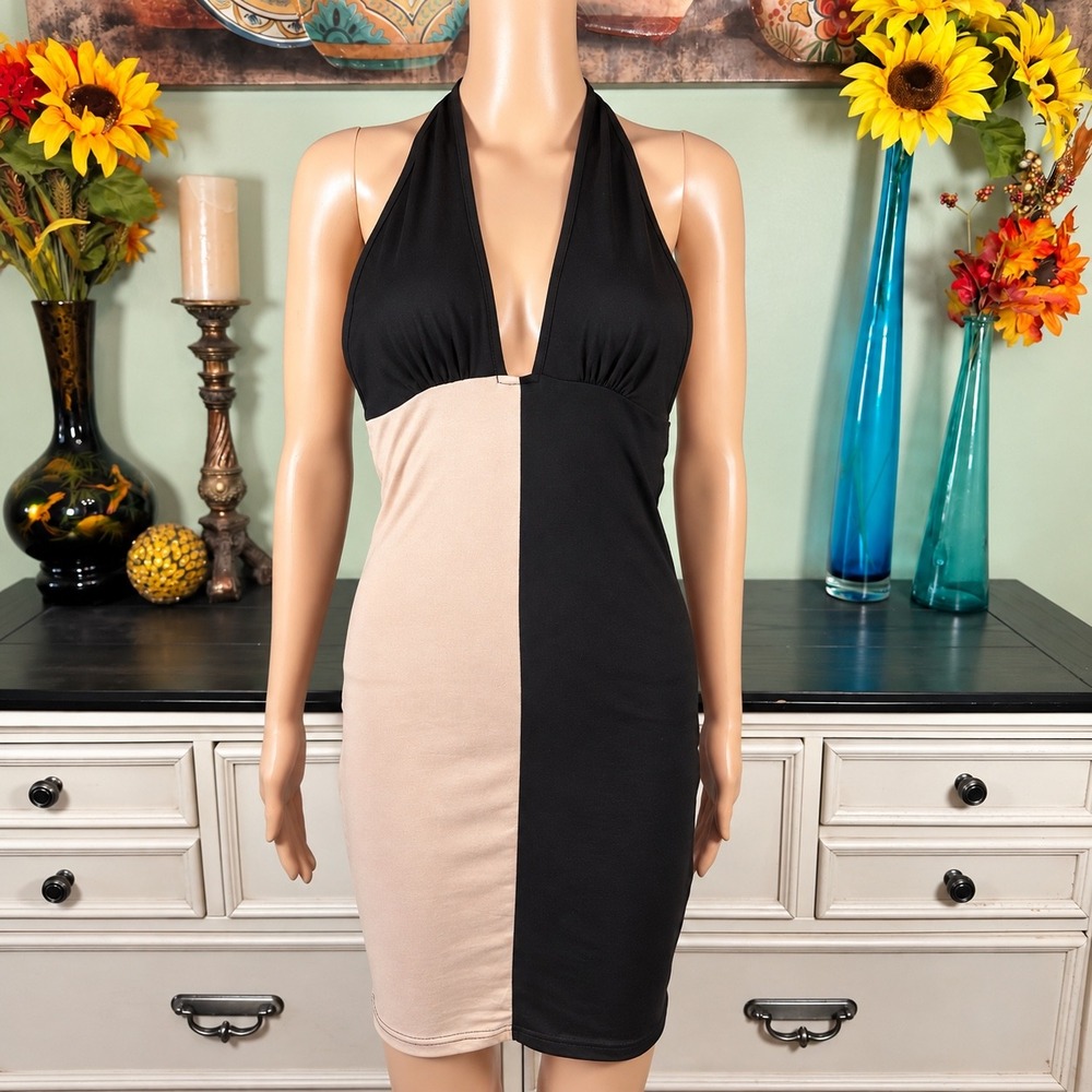 SHEIN Black Nude Colorblock Halter Dress Y2K Bodycon Glam Going Out Party